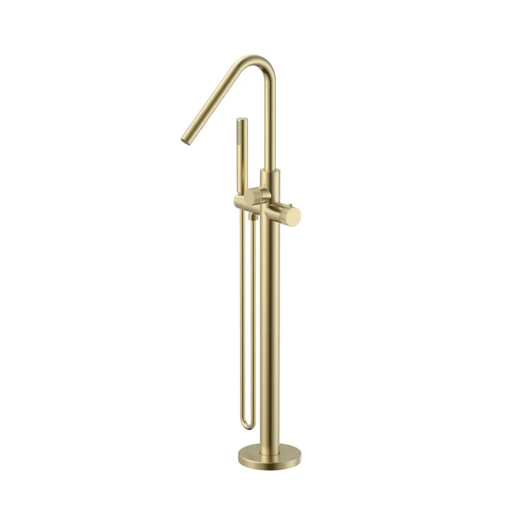 STRIA BADMENGKRAAN - VRIJSTAAND - THERMOSTATISCH - MET HANDDOUCHE EN DOUCHESLANG - KNOPPEN MET RIBBELSTRUCTUUR - BELGAQUA - GEBORSTELD GOUD (PVD)