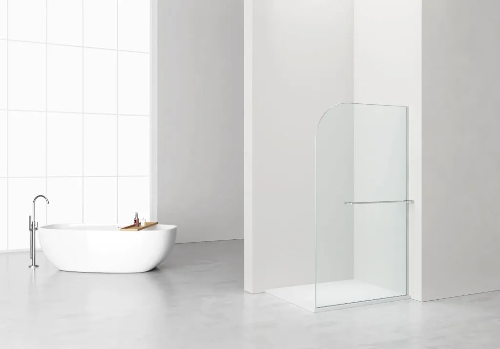 CURVY INLOOPDOUCHE MET HANDDOEKHOUDER - GEBOGEN - MET ANTI-KALKBEHANDELING - OMKEERBAAR - 8MM VEILIGHEIDSGLAS - 120X200CM - CHROOM - HELDER GLAS