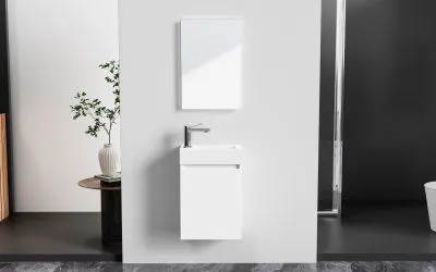 [PP-MF40BYZ] ALONI ZYRO TOILETMEUBELSET - COMPLEET - ONDERKAST MET 1 DEUR - GREEPLOOS - SOFT CLOSE - OMKEERBAAR - SPIEGEL - FONTEIN - 40,5X22,5 CM - GLANZEND WIT