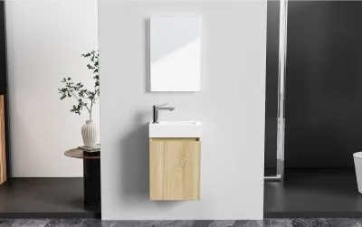 [PP-MF40OAK] ALONI ZYRO TOILETMEUBELSET - COMPLEET - ONDERKAST MET 1 DEUR - GREEPLOOS - SOFT CLOSE - OMKEERBAAR - SPIEGEL - FONTEIN - 40,5X22,5 CM - LICHT EIKEN/GLANZEND WIT