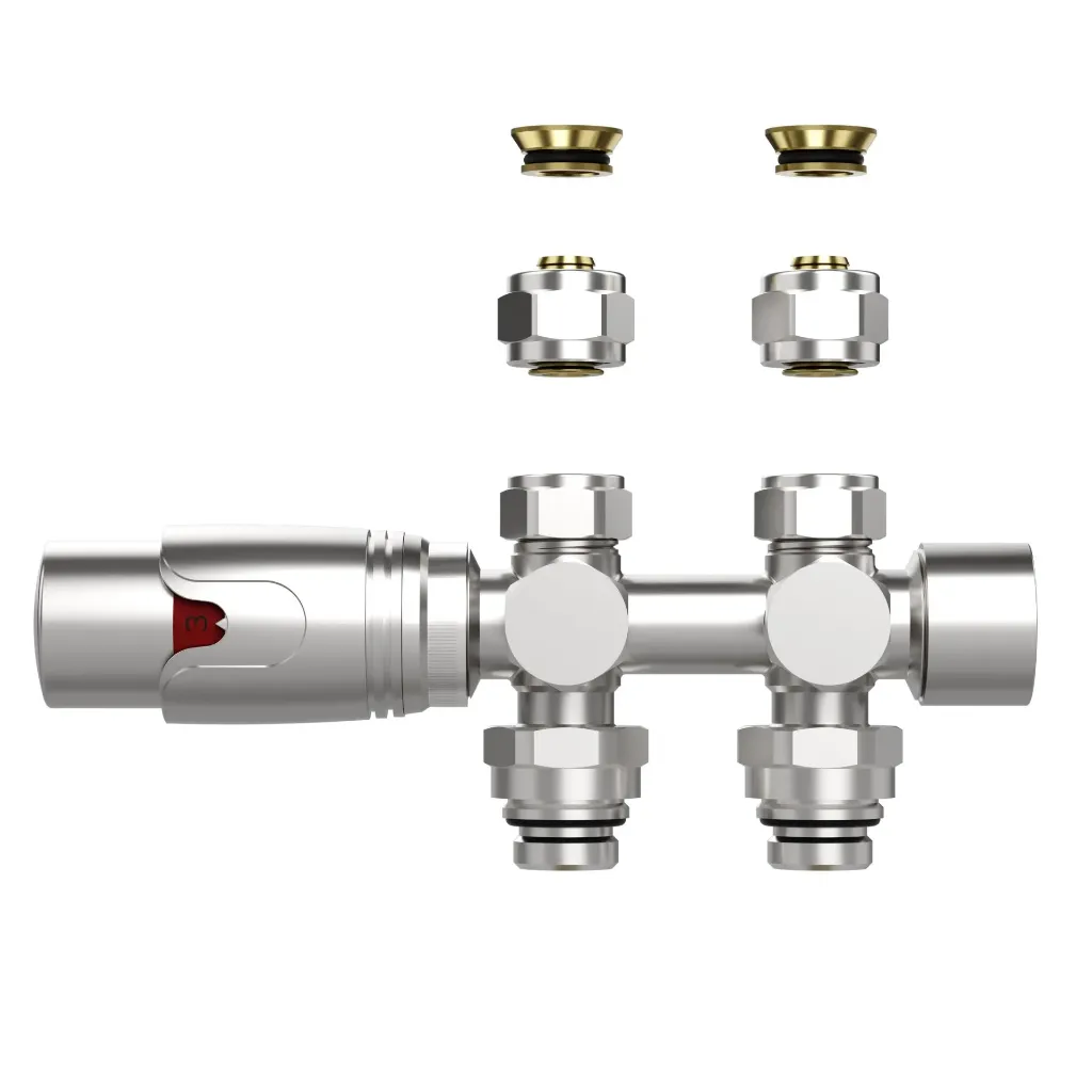 [BLR301] BELRAD RADIATORKRAAN - THERMOSTATISCH - MIDDENAANSLUITING - MUUR-EN VLOERAANSLUITING - GEBORSTELD RVS