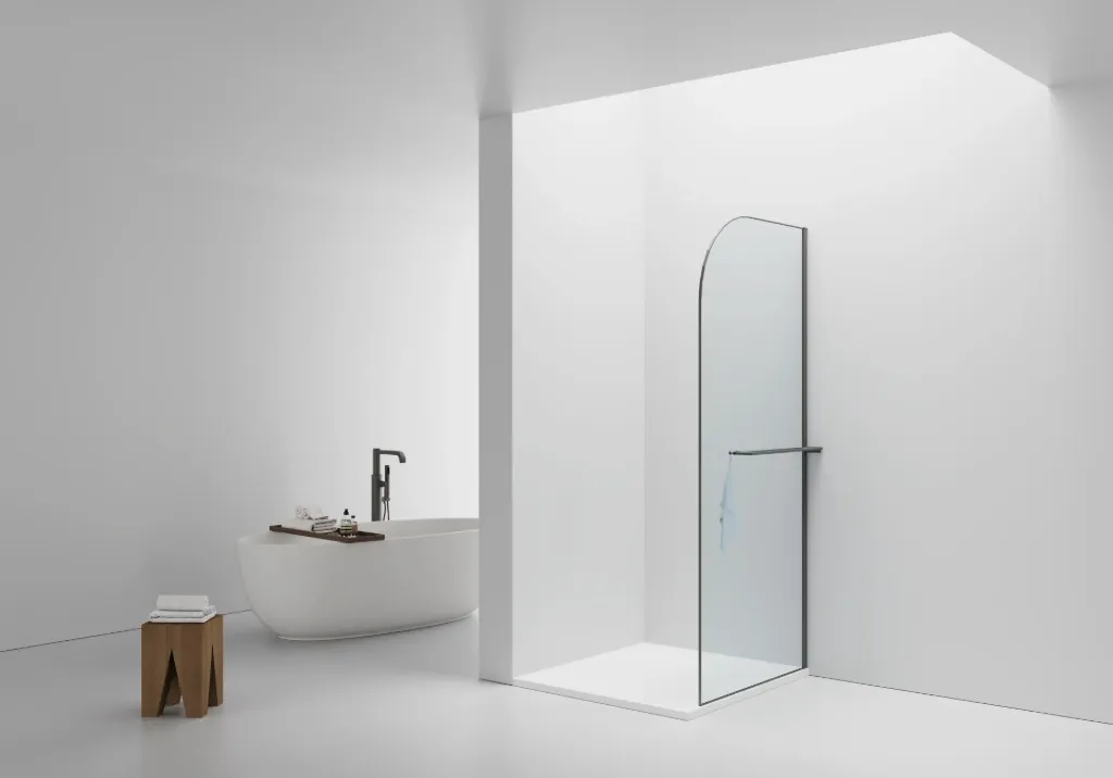 CURVY INLOOPDOUCHE MET HANDDOEKHOUDER - GEBOGEN - MET ANTI-KALKBEHANDELING - OMKEERBAAR - 8MM VEILIGHEIDSGLAS - 100X200CM - GUNMETAL - HELDER GLAS