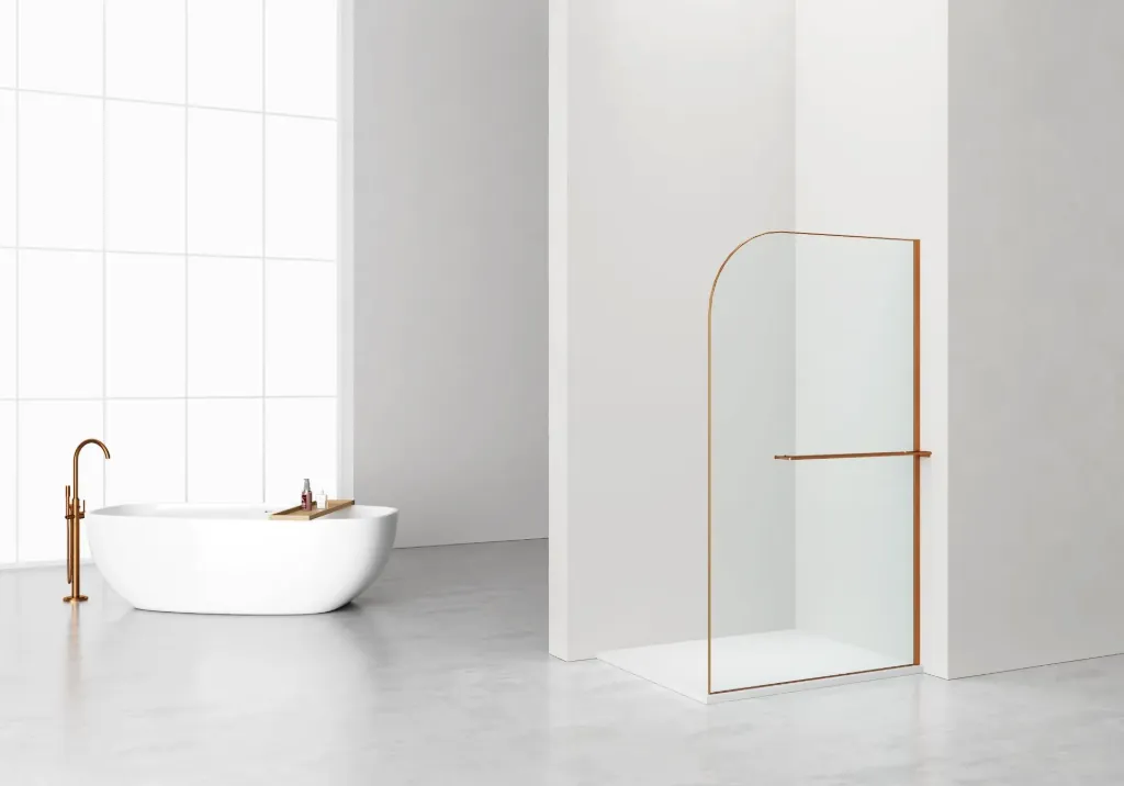 [DW-120BC] CURVY INLOOPDOUCHE MET HANDDOEKHOUDER - GEBOGEN - MET ANTI-KALKBEHANDELING - OMKEERBAAR - 8MM VEILIGHEIDSGLAS - 120X200CM - GEBORSTELD KOPER - GEBOGEN - HELDER GLAS