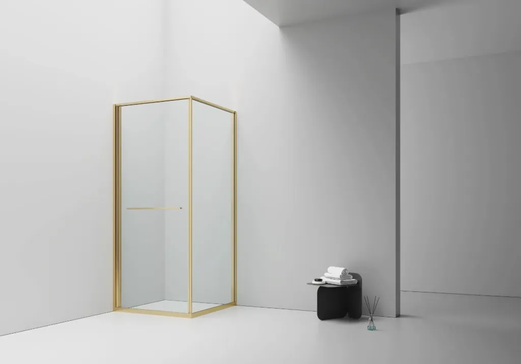 [DW-9090BG] INSLIDE DOUCHECABINE - NAAR BINNEN OPENENDE SCHUIFDEUR EN ZIJWAND - RUIMTEBESPAREND - OMKEERBAAR - 6MM VEILIGHEIDSGLAS - 90X90X200 CM - GEBORSTELD GOUD - HELDER GLAS