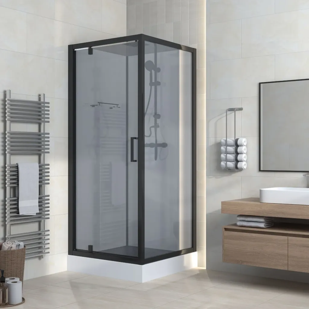 [540031955504] MARANI COMPLETE DOUCHECABINE MET DRAAIDEUR - OMKEERBAAR - 90X225X90 CM - MAT ZWART - GRIJS ROOKGLAS
