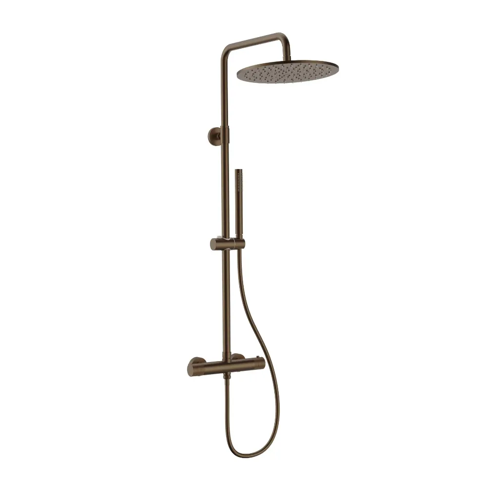STRIA REGENDOUCHESET - THERMOSTATISCH - COOL TOUCH - HOOFDDOUCHE 30 CM - OPBOUW - KNOPPEN MET VERFIJNDE RIBBELSTRUCTUUR - BELGAQUA - BRUIN BRONS (PVD)