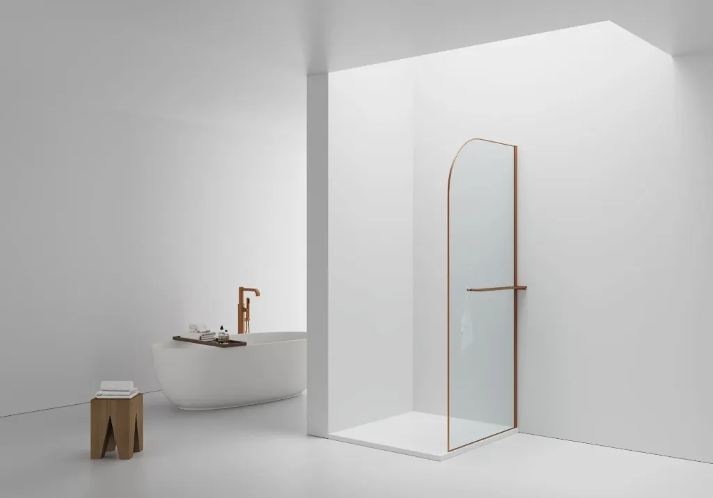 CURVY INLOOPDOUCHE MET HANDDOEKHOUDER - GEBOGEN - MET ANTI-KALKBEHANDELING - OMKEERBAAR - 8MM VEILIGHEIDSGLAS - 100X200CM - GEBORSTELD KOPER - HELDER GLAS