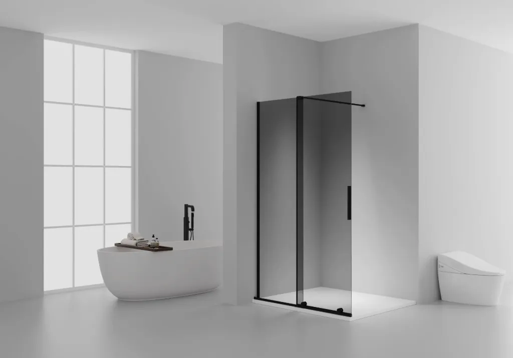 [DW-C120B] X-SLIDE INLOOPDOUCHE MET SCHUIFDEUR - SCHUIFDEUR VOOR NIS - MET ANTI-KALKBEHANDELING - OMKEERBAAR - 8MM VEILIGHEIDSGLAS - 120X200CM - MAT ZWART - GRIJS ROOKGLAS