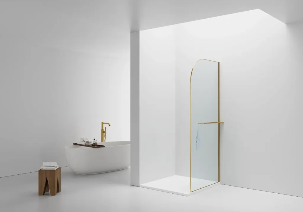 CURVY INLOOPDOUCHE MET HANDDOEKHOUDER - GEBOGEN - MET ANTI-KALKBEHANDELING - OMKEERBAAR - 8MM VEILIGHEIDSGLAS - 100X200CM - GEBORSTELD GOUD - HELDER GLAS