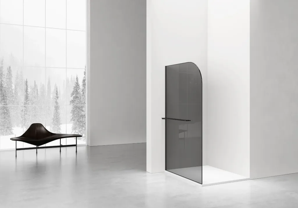 CURVY INLOOPDOUCHE MET HANDDOEKHOUDER - GEBOGEN - MET ANTI-KALKBEHANDELING - OMKEERBAAR - 8MM VEILIGHEIDSGLAS - 120X200CM - MAT ZWART - GRIJS ROOKGLAS