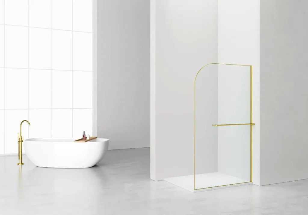[DW-120BG] CURVY INLOOPDOUCHE MET HANDDOEKHOUDER - GEBOGEN - MET ANTI-KALKBEHANDELING - OMKEERBAAR - 8MM VEILIGHEIDSGLAS - 120X200CM - GEBORSTELD GOUD - HELDER GLAS