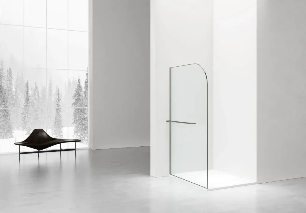 [DW-120GG] CURVY INLOOPDOUCHE MET HANDDOEKHOUDER - GEBOGEN - MET ANTI-KALKBEHANDELING - OMKEERBAAR - 8MM VEILIGHEIDSGLAS - 120X200CM - GUNMETAL - HELDER GLAS