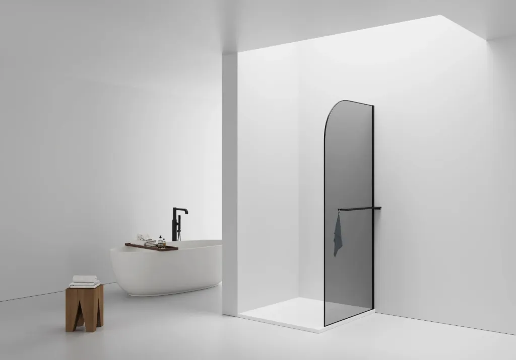 [DW-100MB] CURVY INLOOPDOUCHE MET HANDDOEKHOUDER - GEBOGEN - MET ANTI-KALKBEHANDELING - OMKEERBAAR - 8MM VEILIGHEIDSGLAS - 100X200CM - MAT ZWART - GRIJS ROOKGLAS