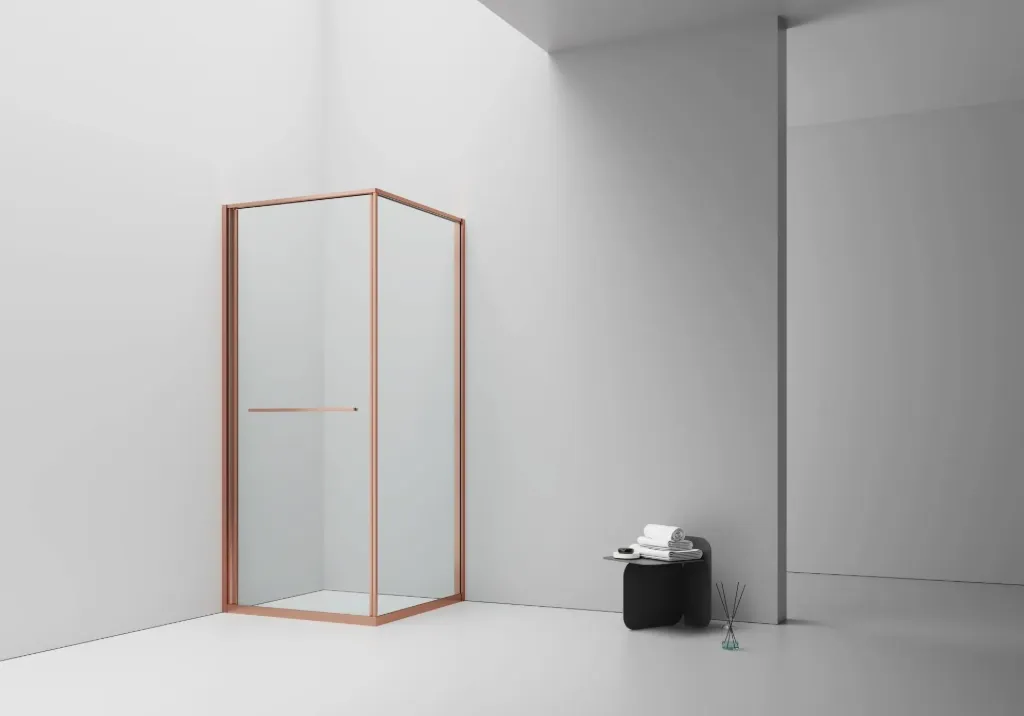 [DW-9090BC] INSLIDE DOUCHECABINE - NAAR BINNEN OPENENDE SCHUIFDEUR EN ZIJWAND - RUIMTEBESPAREND - OMKEERBAAR - 6MM VEILIGHEIDSGLAS - 90X90X200 CM - GEBORSTELD KOPER - HELDER GLAS