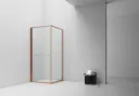 INSLIDE DOUCHECABINE - NAAR BINNEN OPENENDE SCHUIFDEUR EN ZIJWAND - RUIMTEBESPAREND - OMKEERBAAR - 6MM VEILIGHEIDSGLAS - 90X90X200 CM - GEBORSTELD KOPER - HELDER GLAS