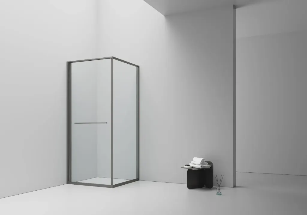[DW-9090GG] INSLIDE DOUCHECABINE - NAAR BINNEN OPENENDE SCHUIFDEUR EN ZIJWAND - RUIMTEBESPAREND - OMKEERBAAR - 6MM VEILIGHEIDSGLAS - 90X90X200 CM - GUNMETAL - HELDER GLAS