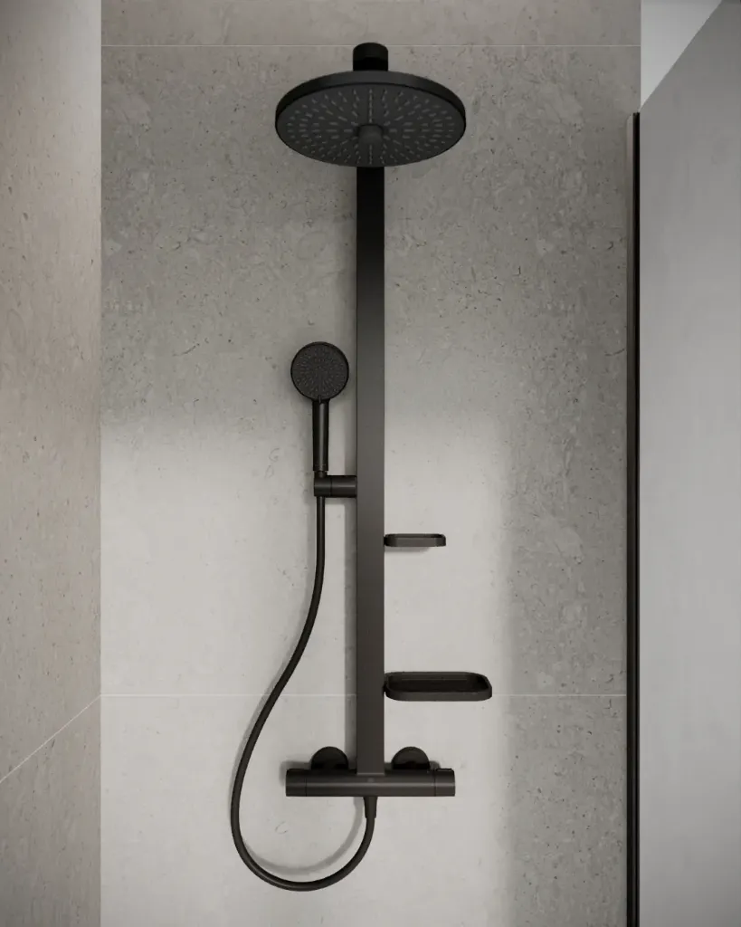 Douchesysteem met CeraTherm douchethermostaat, handdouche Ø 100 mm 8 l/min 2F, hoofddouche Ø 260 mm 12 l/min 2F, IdealFlex 1750 mm en 2 legschalen
